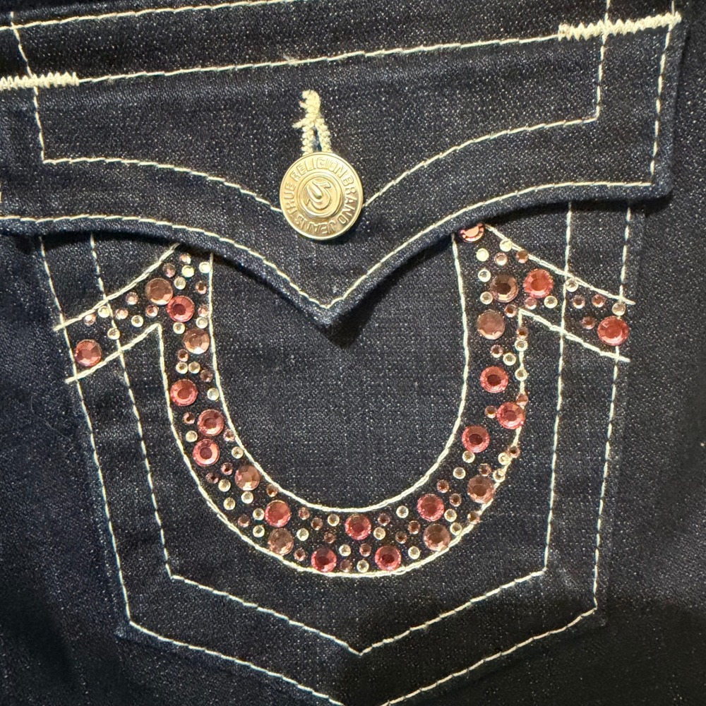 True Religion Billy Bootcut Jeans Dark Wash Pink Rhinestone Big T Stitch 27 Y2K - Picture 7 of 11